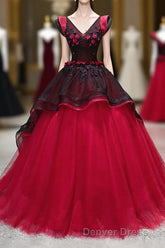 Unique Burgundy V Neck Tulle Long Prom Dresses, Burgundy Evening Dresses