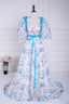 Blue and White Floral Bow Tie Straps A-line Long Prom Dresses with Slit