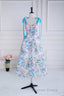 Blue and White Floral Bow Tie Straps A-line Tea-Length Prom Dresses