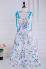 Blue and White Floral Bow Tie Straps A-line Tea-Length Prom Dresses