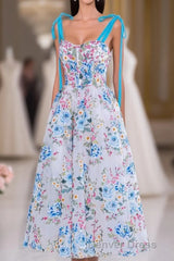 Blue and White Floral Bow Tie Straps A-line Tea-Length Prom Dresses
