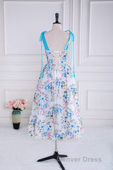 Blue and White Floral Bow Tie Straps A-line Tea-Length Prom Dresses