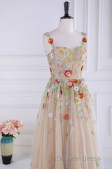 Dusty Pink Sequined Floral Appliques A-line Long Prom Dresses