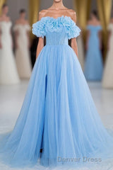 Light Blue Flowers Off-Shoulder A-line Long Prom Dresses with Slit