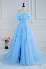 Light Blue Flowers Off-Shoulder A-line Long Prom Dresses with Slit