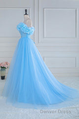 Light Blue Flowers Off-Shoulder A-line Long Prom Dresses with Slit