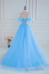 Light Blue Flowers Off-Shoulder A-line Long Prom Dresses with Slit