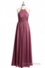 Mauve Chiffon Halter Backless A Line Long Bridesmaid Dresses