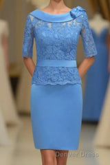 Blue Lace Crew Neck Half Sleeve Short Mother of the Bride Dresses