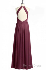 Mauve Chiffon Halter Backless A-Line Long Bridesmaid Dresses