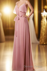 Mauve Pink Chiffon Spaghetti Straps Ruffled A-Line Bridesmaid Dresses