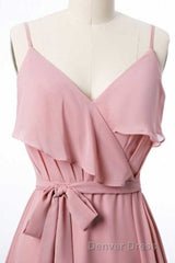 Mauve Pink Chiffon Spaghetti Straps Ruffled A-Line Bridesmaid Dresses
