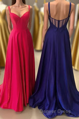 Neon Pink V-Neck Straps A-Line Prom Dresses