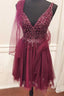 A Line Burgundy Beaded Tie Back Homecoming Dresses