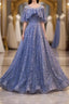 Unique Round Neck Tulle Lace Long Prom Dress, Blue Lace Prom Dresses