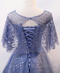 Unique Round Neck Tulle Lace Long Prom Dresses, Blue Lace Evening Dresses