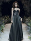 Black A Line Prom Dress Open Back Dresses Prom Floor Length Sleeveless Spaghetti Strap Tulle with Pleats
