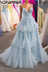 Elegant Light Blue Side Slit Tulle Long Prom Dresses