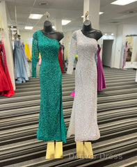 One Shoulder Long Sleeve Mermaid Sequin Long Dresses