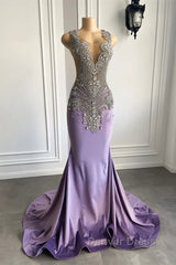 Lilac Mermaid Prom Dresses with Scoop Neckline Sleeveless and Crystal Beadings