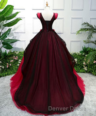 Unique Burgundy V Neck Tulle Long Prom Dresses, Burgundy Evening Dresses