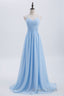 Blue Pleated Straps Chiffon Long Bridesmaid Dresses