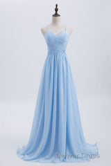 Blue Pleated Straps Chiffon Long Bridesmaid Dresses