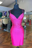 Hot Pink Beaded Lace Up Bodycon Mini Homecoming Dresses