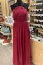 Red Chiffon Halter Backless A Line Long Bridesmaid Dresses