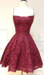 Prom Short Homecoming Dress, Spaghetti Straps Cocktail Prom Dress, Burgundy Lace Homecoming Dresses, 2476