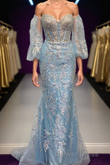 Light Blue Off-Shoulder Floral Appliques Mermaid Long Prom Dresses