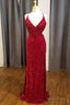 Red Sequin V Neck Mermaid Long Prom Dresses