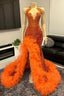 V Neck Orange Beaded Tulle Ruffles Sequin Prom Dresses