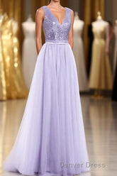 Lavender Sequin V-Neck Backless A-Line Long Dresses