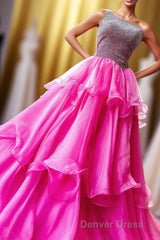 Hot Pink Beaded Top One Shoulder Layers Long Prom Dresses