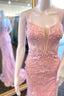 Pink Floral Lace Straps Mermaid Long Prom Dresses