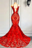 Red Halter Mermaid Prom Dresses With Sequins Lace