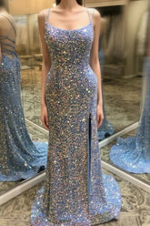 Double Straps Lace-Up Sequins Long Prom Dresses with Slit