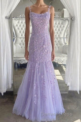 Lilac Spaghetti Straps Long Lace Tulle Evening Dresses Mermaid Appliques Prom Dresses