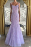 Lilac Spaghetti Straps Long Lace Tulle Prom Dress Mermaid Appliques Prom Dresses