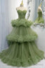 Princess Spaghetti Straps Green Tulle Long Dress A line Tiered Formal Dress