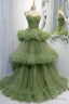 Princess Spaghetti Straps Green Tulle Long Dress A Line Tiered Prom Dresses