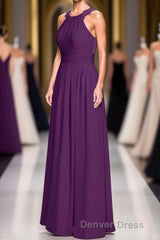 Magenta Chiffon Halter Cutout Back Long Bridesmaid Dresses