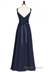 Navy Blue V-Neck Tie-Back A-Line Long Bridesmaid Dresses