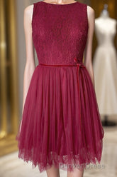 A-line Scoop Neck Tulle Lace Mini Bridesmaid Dresses with Sash