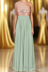 Rose Gold Sequins One-Shoulder Long Bridesmaid Dresses