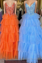 Multi-Tiered Lace Beaded V-Neck Long Prom Dresses