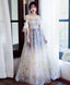 Unique Tulle Off Lace Long Prom Dress Tulle Prom Dresses