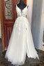 White Floral Lace Backless A Line Wedding Dresses with Slit