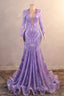 V Neck Mermaid Sweep Train Sequins Zipper Long Sleeve Prom Dresses